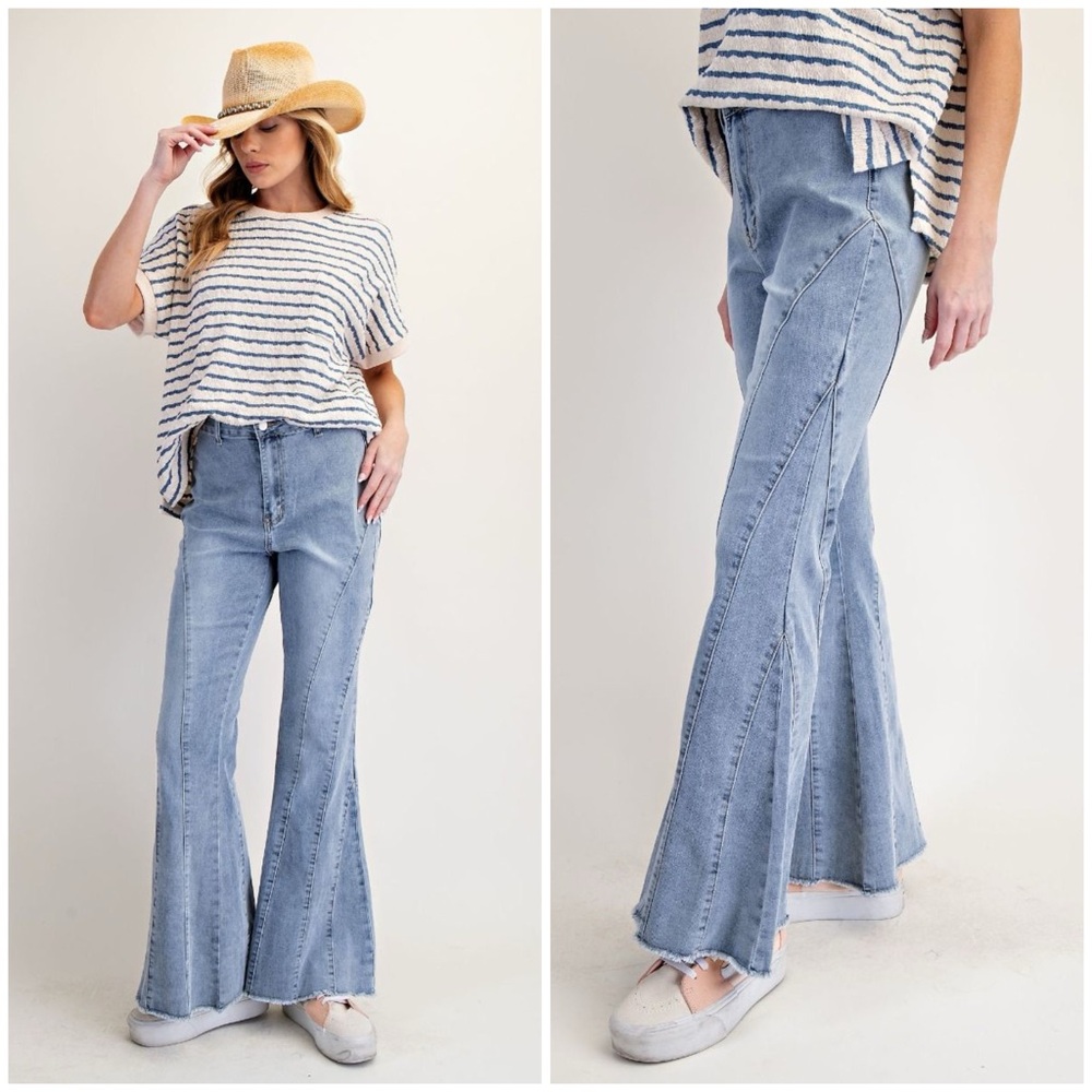 EASEL Bell Bottom Stone Washed Stretchy Denim Jeans